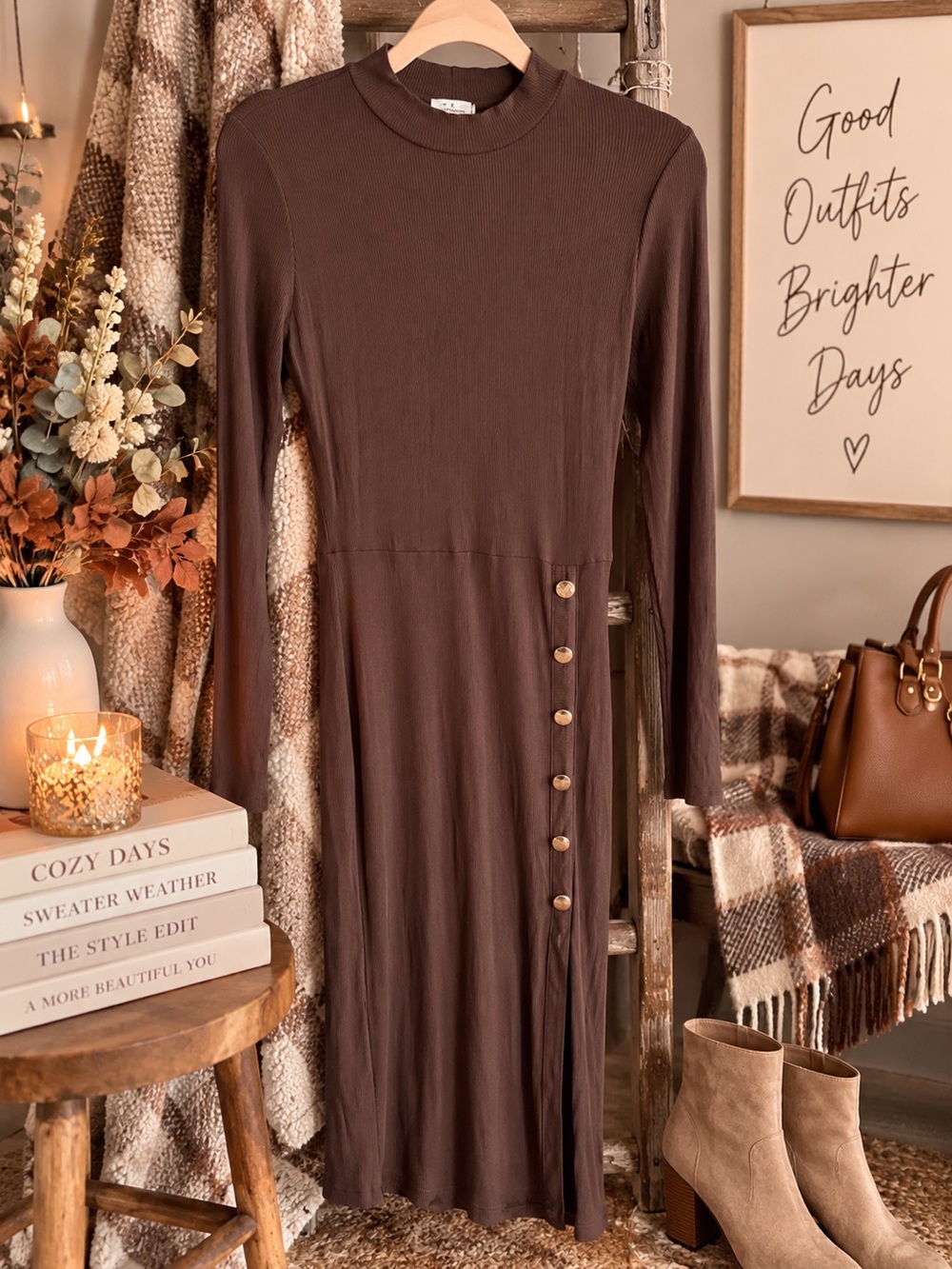 Classic Brown Long Sleeve Midi Dress with Side Button Trim